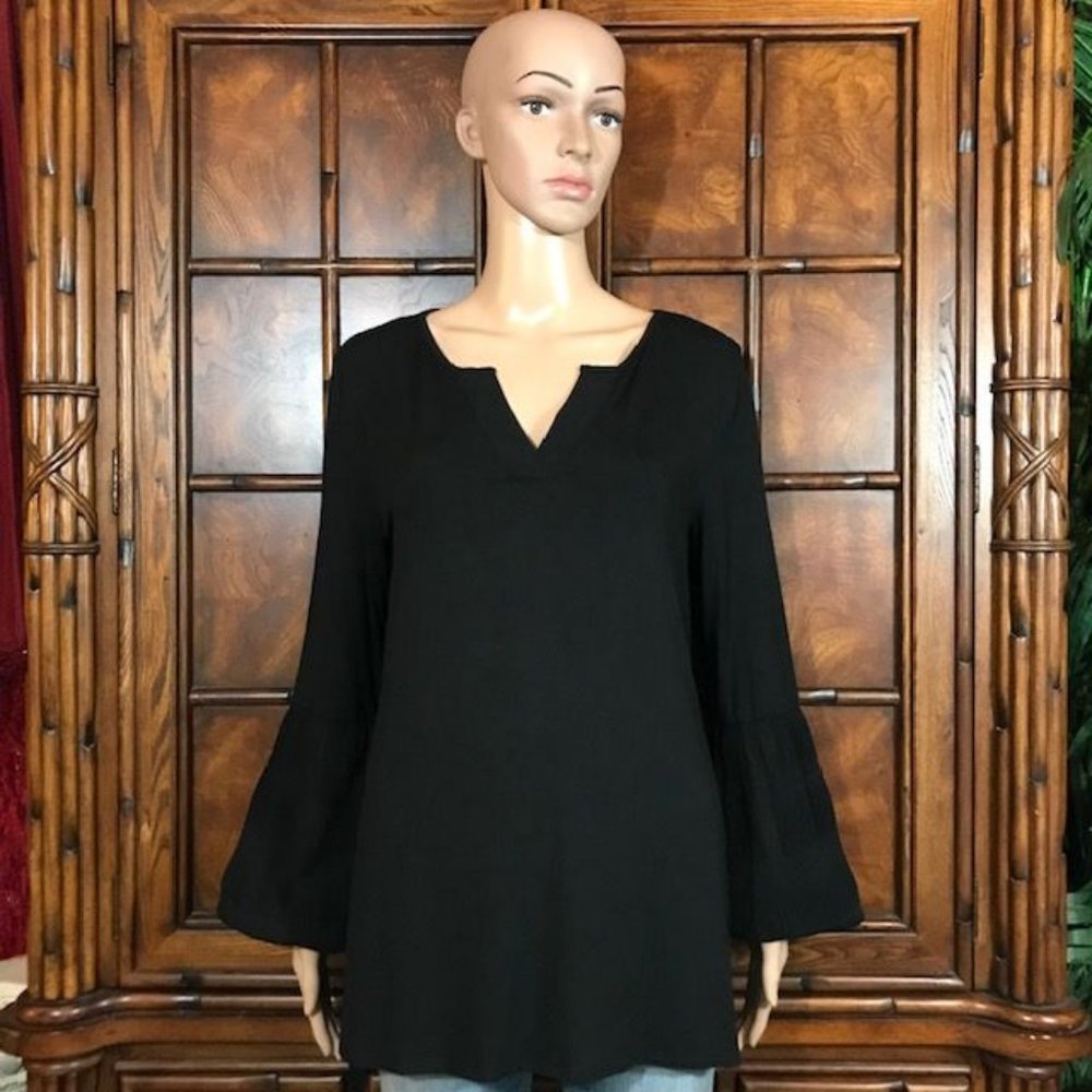 H by Halston Onyx Jersey Knit Smock Chiffon Sleeve Top